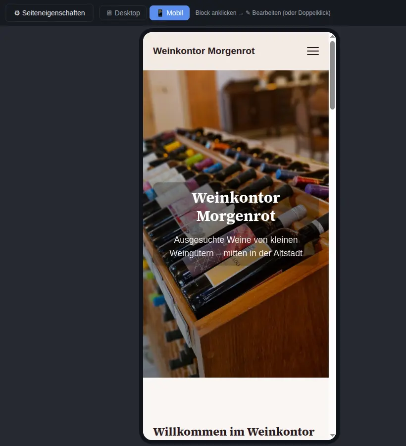 Der Editor in der Handy-Ansicht: die Seite so, wie Besucher sie auf dem Smartphone sehen