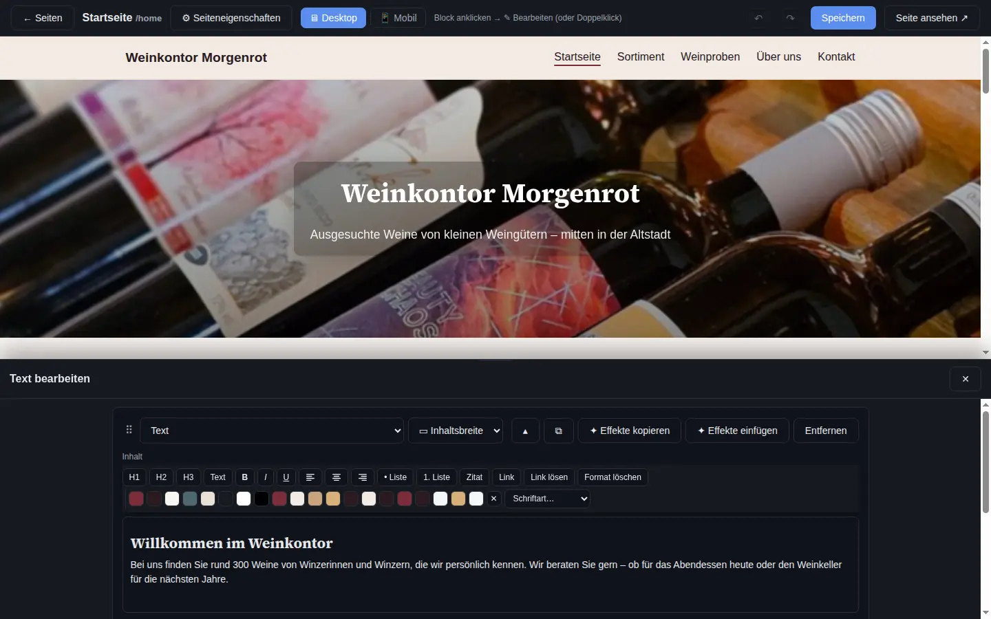 The editor: the page as it looks at the top, the field for editing the selected text below